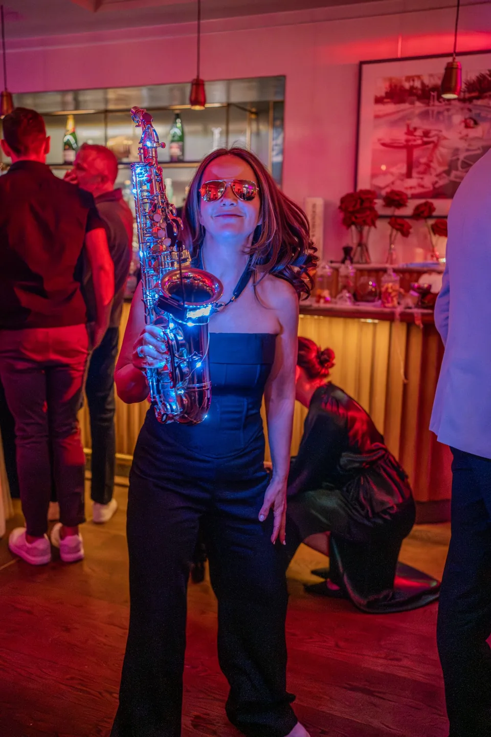 Live saxophonist performing with a wedding guest at The Italian Greyhound