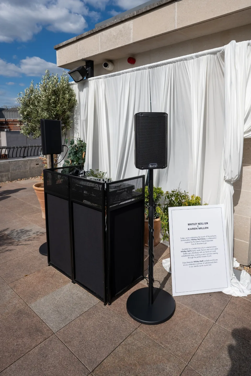 DJ booth and sound system for the Karen Millen and Whitley Neill launch