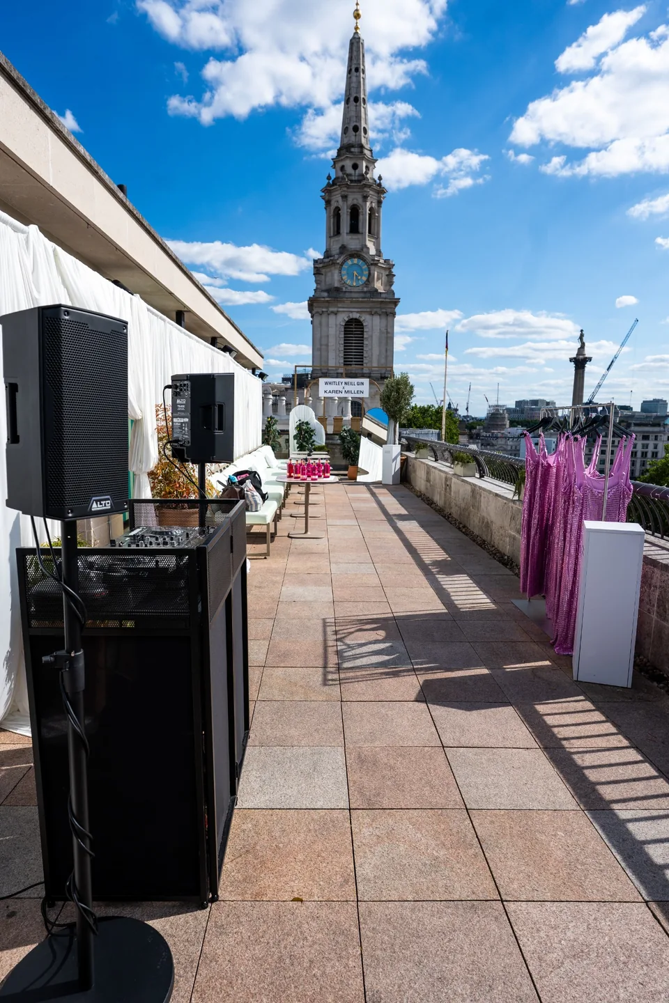 DJ booth and sound system on the Kitty Hawk rooftop for the Karen Millen launch